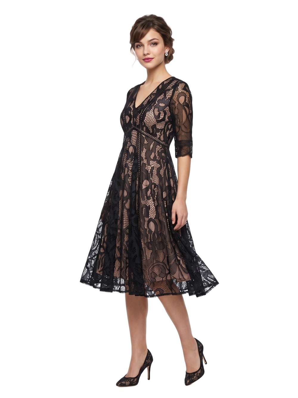 TAYLOR Black Lace Vneck short sleeve Fit and flare midi dress Pink lining SIze 6 - Picture 2 of 14